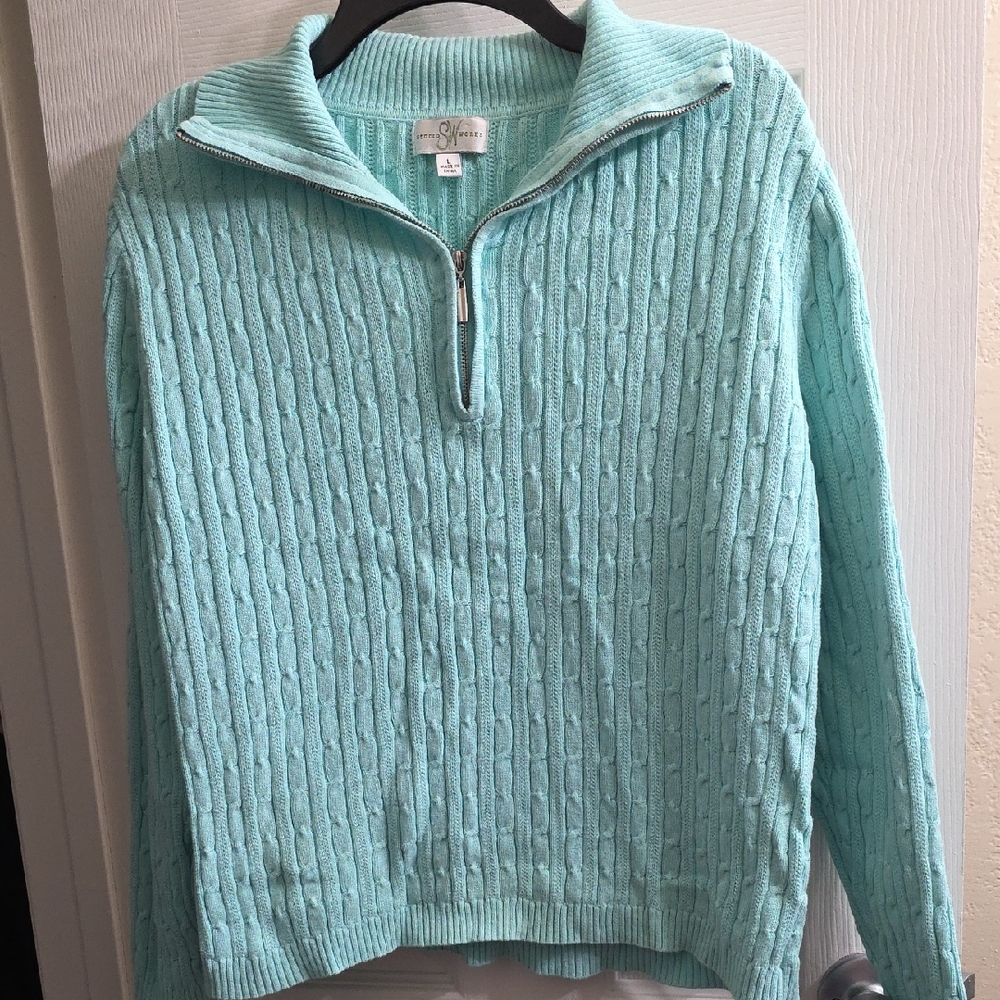 Studio Works Aqua Cable Knit Half-Zip Sweater Size L